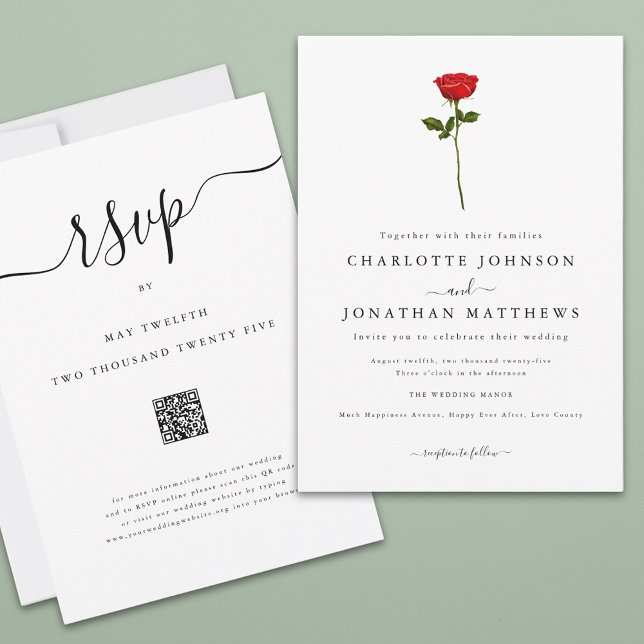 Invitation Simple Red Rose élégant Script QR Code Mariage (Single red rose elegant script wedding qr code invitation Watercolor floral minimalist stylish chic)