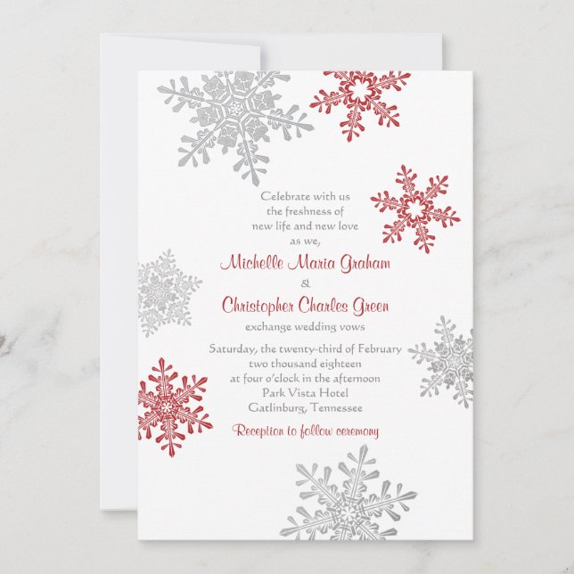 Invitation Simple Red Silver Snowflake Mariage d'hiver (Devant)