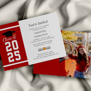 Invitation Simple Red White Graduation Photo Grad 2025 Party