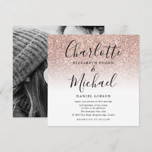 Invitation Simple Rose Gold Glitter Script Photo de Mariage