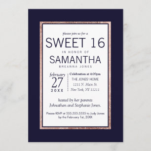 Invitation Simple Rose Gold Lined Marine Bleu Sweet 16 Invita