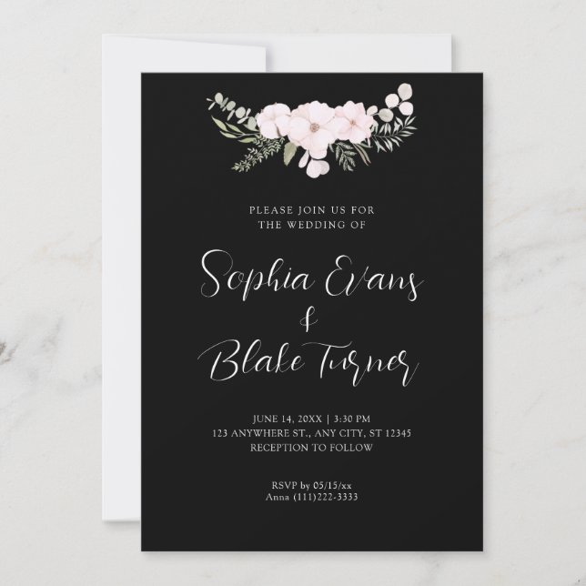 Invitation Simple rose pâle et vert Floral Mariage noir (Devant)
