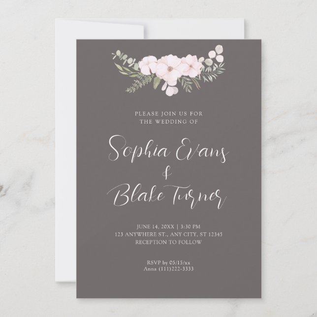 Invitation Simple rose pâle et vert Mariage gris floral (Devant)