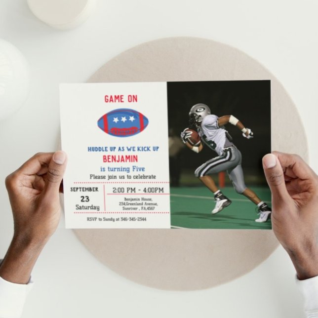 Invitation Simple Rouge blanc & bleu football garçon annivers (Créateur téléchargé)