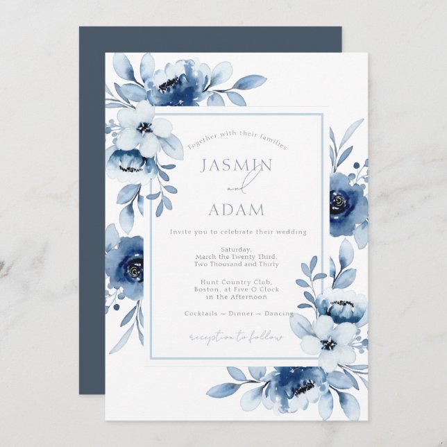 Invitation Simple Royal Blue Opulence Floral Mariage (Devant / Derrière)