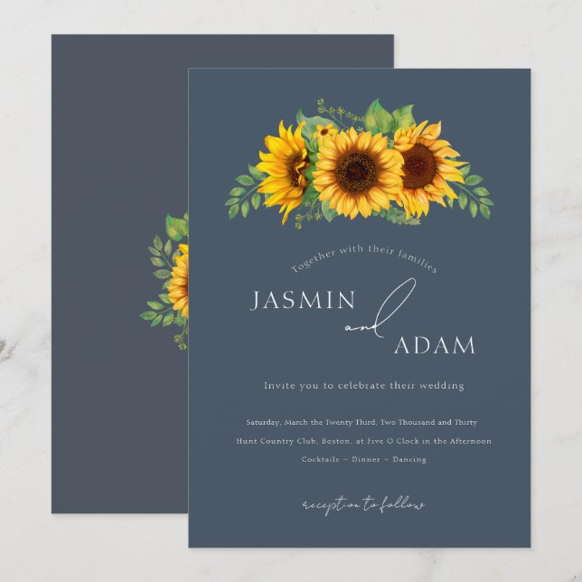 Invitation Simple Royal Blue Opulence Sunflower Boho Mariage (Devant / Derrière)