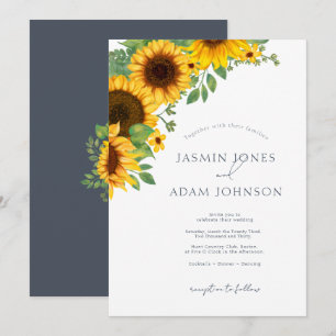 Invitation Simple Royal Blue Opulence Sunflowers Boho Mariage