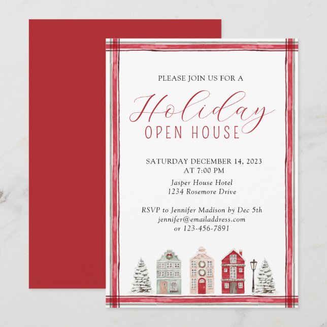 Invitation Simple Russe Aquarelle Vacances Open House Rouge (Devant / Derrière)