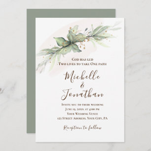 Invitation Simple Sage Green Gold Floral Mariage chrétien