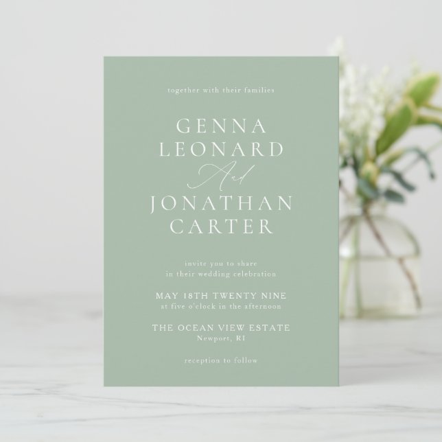 Invitation Simple Sage Vert & Blanc Mariage élégant (Debout devant)