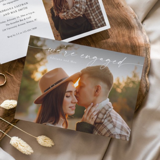 Invitation Simple Script 2 Photo Mariage Fiançailles (Elegant Handwritten Script 2 Photo Engagement Photo Announcement Invitation.)