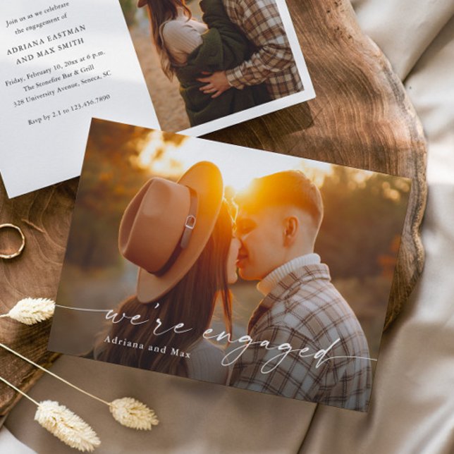 Invitation Simple Script 2 Photo Mariage Fiançailles (Elegant Handwritten Script 2 Photo Engagement Photo Announcement Invitation.)