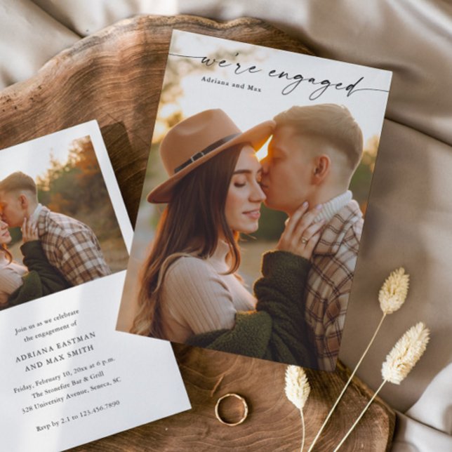 Invitation Simple Script 2 Photo Mariage Fiançailles (Elegant Handwritten Script 2 Photo Engagement Photo Announcement Invitation.)