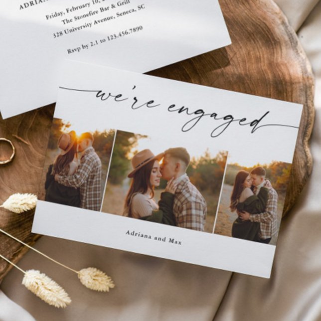 Invitation Simple Script 3 Photo Collage Mariage Fiançailles (Elegant Script 3 Photo Collage Engagement Invitation Announcement Cards.)