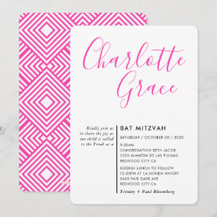 Invitation SIMPLE SCRIPT Bat mitzvah moderne noir rose vif