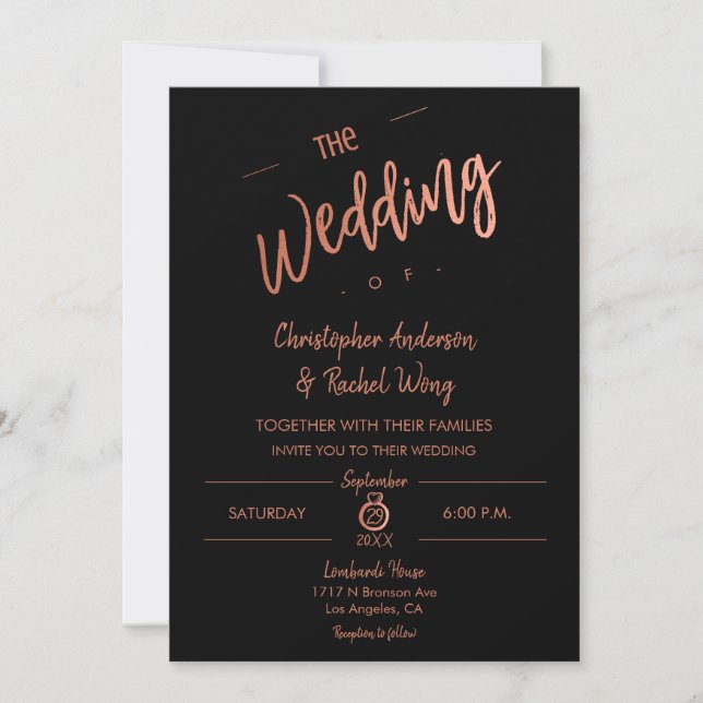 Invitation Simple Script Black Rose Gold Foil Le Mariage de (Devant)