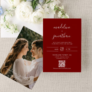 Invitation Simple Script Burgundy Red Photo QR Code Mariage