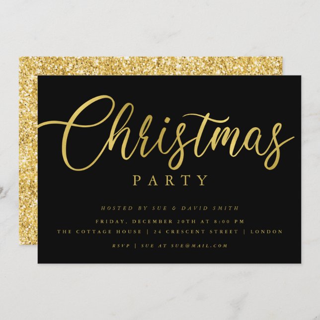 Invitation Simple Script Gold Black Mini Noël Party (Devant / Derrière)