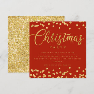 Invitation Simple Script Gold Red Confetti fête de Noël