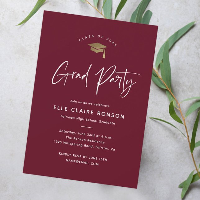 Invitation Simple Script Maroon Graduation Party (Modern script maroon and gold graduation party invitation.)