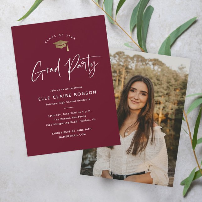 Invitation Simple Script Maroon Photo Graduation Party (Modern script maroon and gold photo graduation party invitation.)
