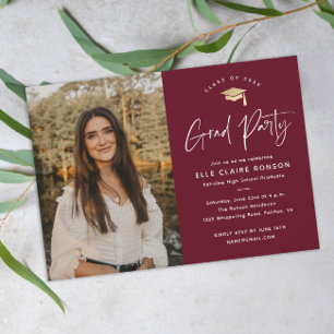 Invitation Simple Script Maroon Photo Graduation Party
