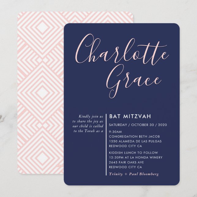 Invitation SIMPLE SCRIPT moderne Bat mitzvah marine bleu rose (Devant / Derrière)