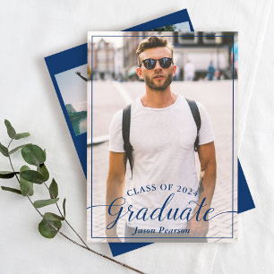 Invitation Simple Script moderne Marine Bleu Graduation 3 Pho