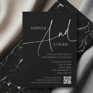 Invitation Simple Script Moody QR Code Black Wedding