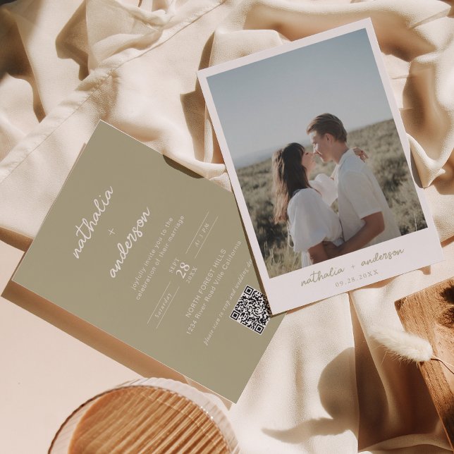 Invitation Simple Script Sage Green Photo QR Code Mariage (Créateur téléchargé)