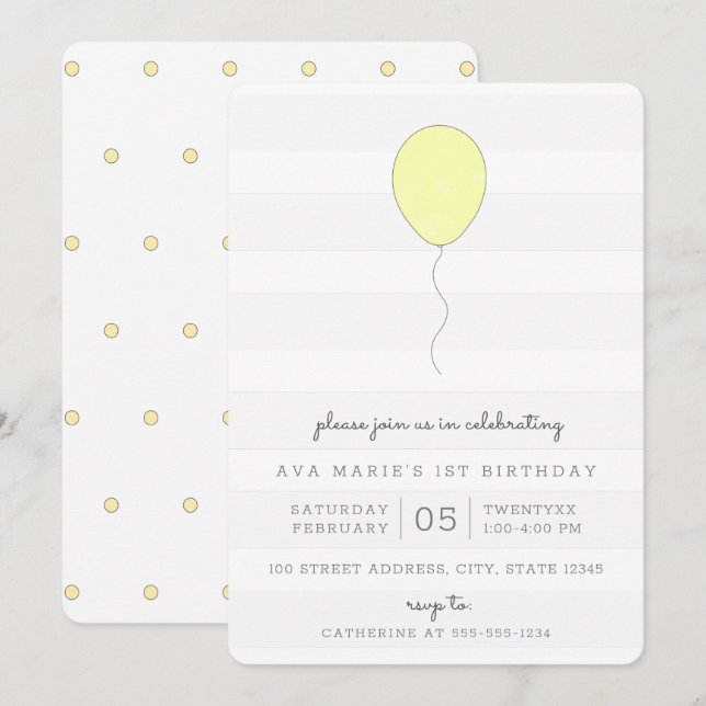 Invitation Simple Shabby Chic Balloon Jaune Anniversaire (Devant / Derrière)