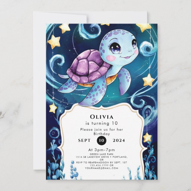 Invitation Simple sous la mer Tortue Boho Anniversaire (Devant)