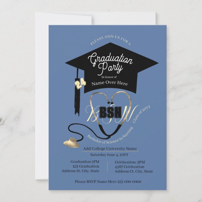 Invitation Simple Style Bleu Editable Nurse Grad Party (Devant)