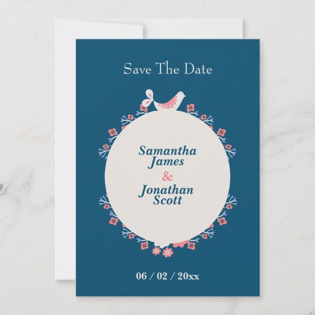 Invitation Simple Style Folk Moderne Bleu Enregistrer La Date (Devant)