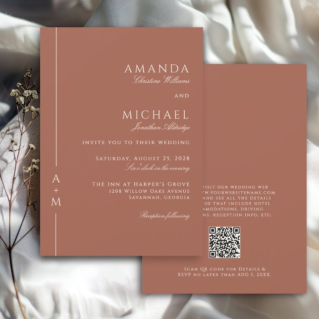Invitation Simple Terracotta Elegant Monogramme QR code Maria (Available in both printed and instant download digital formats.)