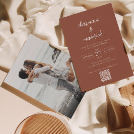 Invitation Simple Terracotta Script Photo QR Code Mariage