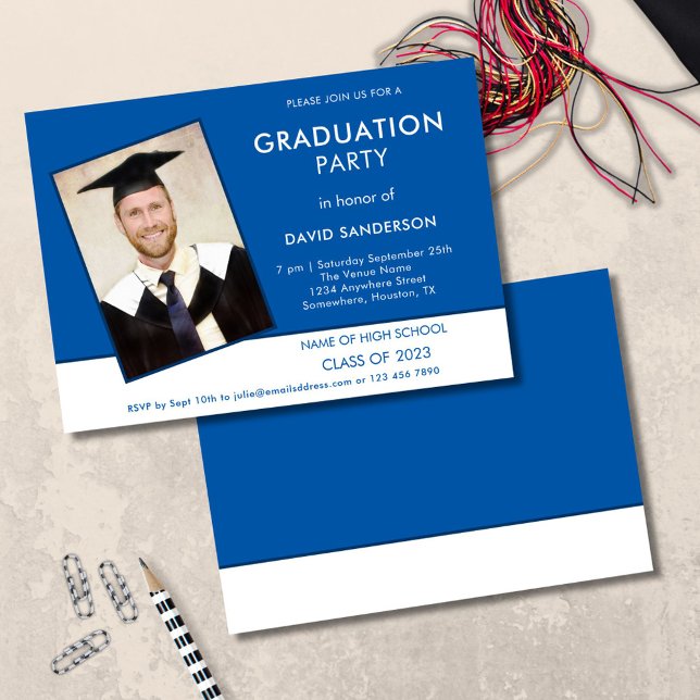 Invitation Simple Texte Photo Bleu Blanc 2025 Graduation (front and back view)