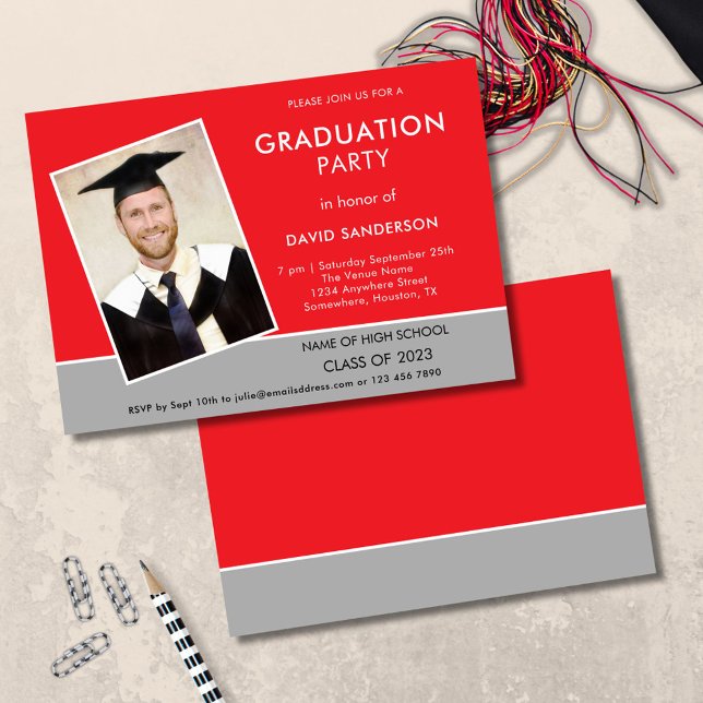 Invitation Simple Texte Photo Red Silver 2025 Graduation Invi (front and back view)