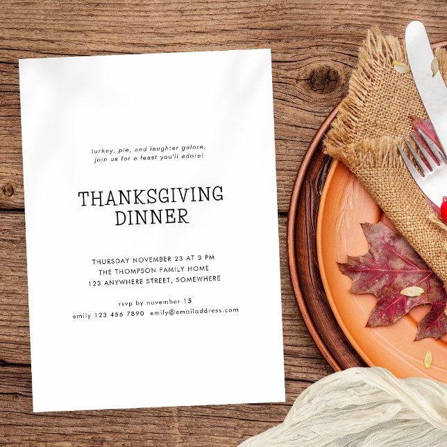 Invitation Simple Texte Thanksgiving Dîner Black White (Available digitally and printed)