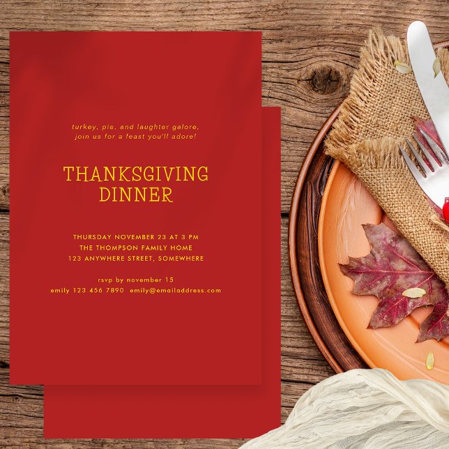 Invitation Simple Texte Thanksgiving Dîner Gold Red (Available digitally and printed)