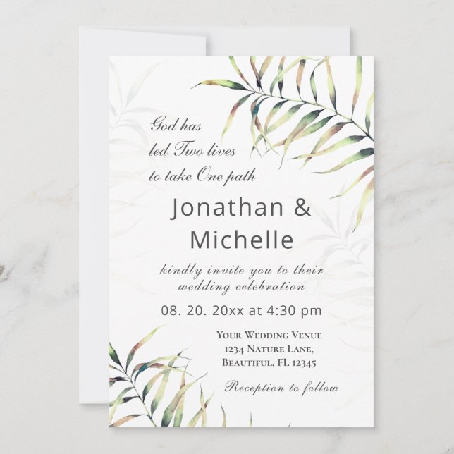 Invitation Simple Tropical Palm Branch Christian Mariage (Devant)
