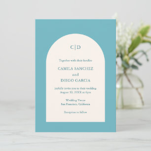 Invitation Simple Turquoise Arche Monogramme Mariage moderne