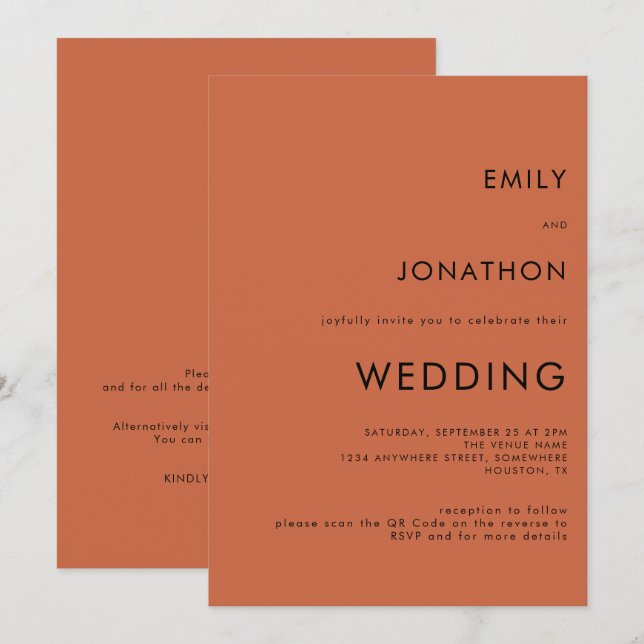 Invitation Simple Typographie Code QR de mariage en Terracott (Devant / Derrière)