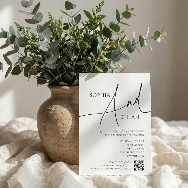 Invitation Simple Typographie de code QR blanc pour mariage (Créateur téléchargé)