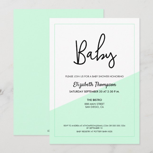 Invitation Simple vert moderne Baby shower neutre genre (Devant / Derrière)