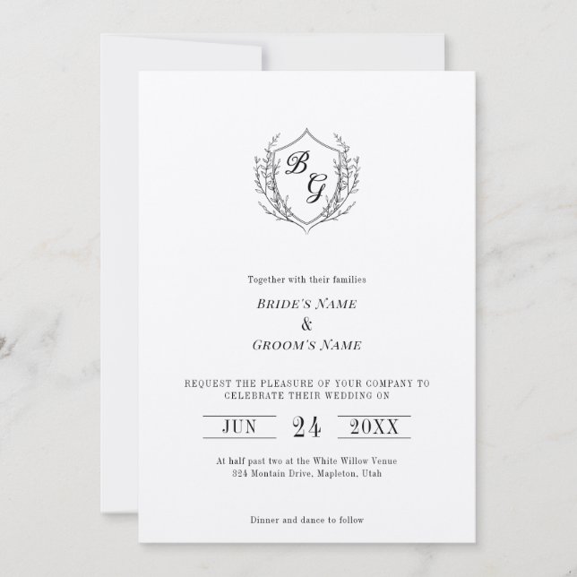 Invitation Simple Vintage Crest élégant mariage monogramme (Devant)