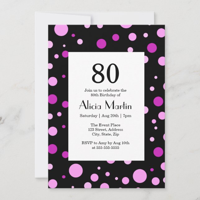 Invitation Simple violet Lilac Polka Dot Noir 80e anniversair (Devant)