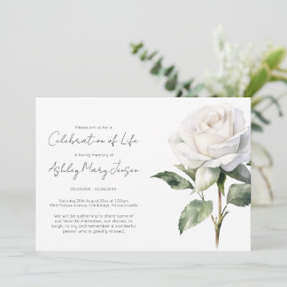 Invitation Simple White Rose Celebration of Life Funeral