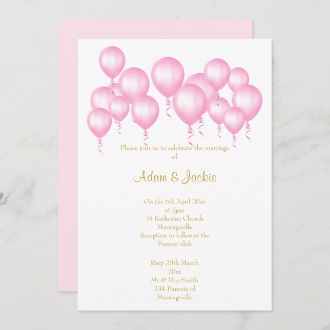INVITATION SIMPLES BALLONS ROSES BLANCS MARIAGE (Devant / Derrière)