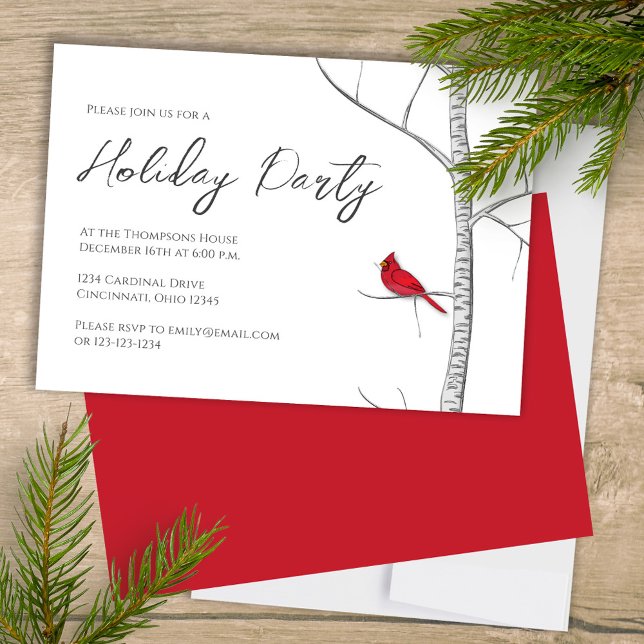 Invitation Simples Vacances Hiver Red Cardinal Birsier (Simple Holiday Party invitation with a winter woodland red cardinal bird.)